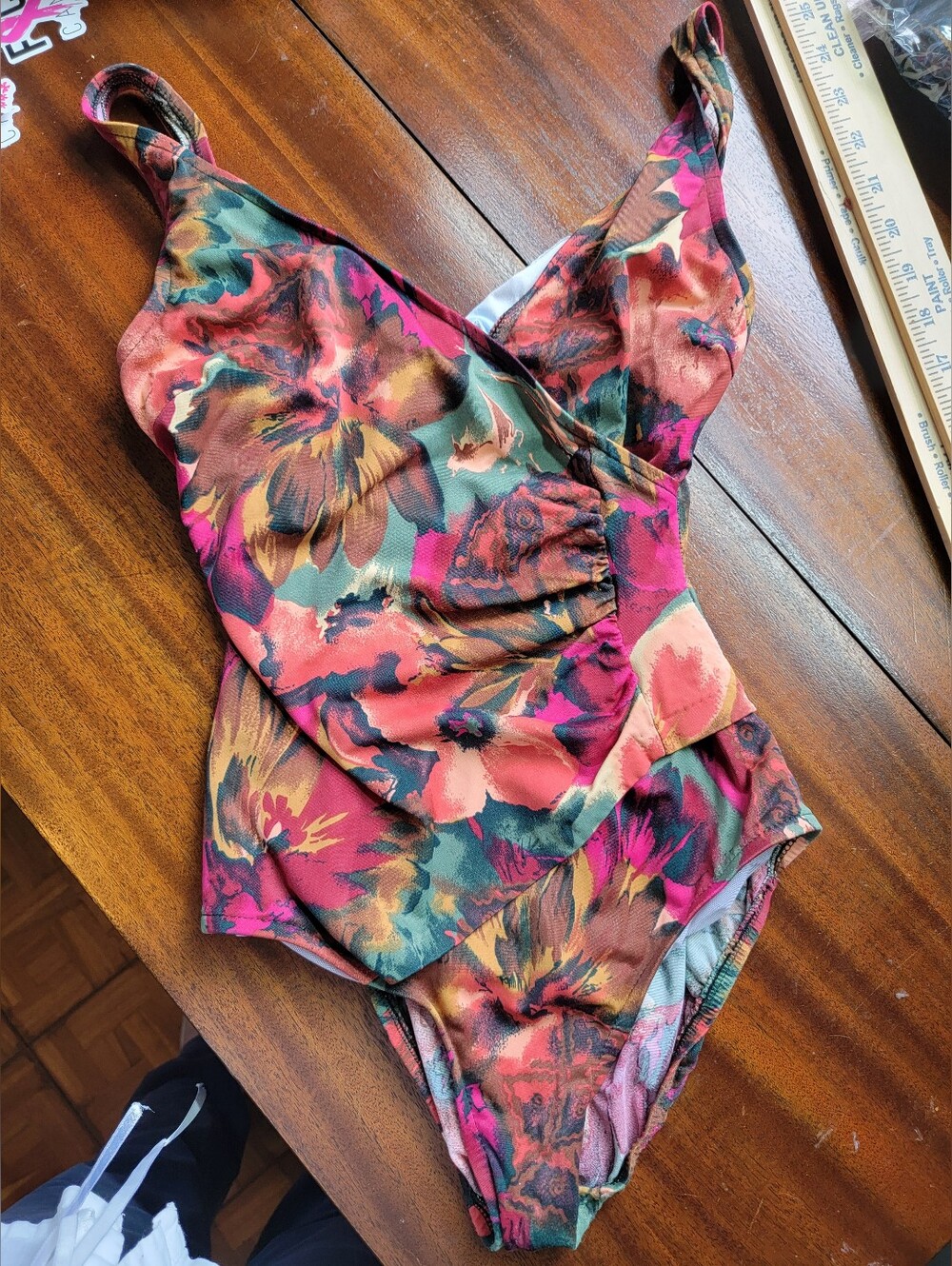 Vintage Jantzen Floral Tank Bathing Suit Faux Wrap Ruched Made in USA Size 8 EUC